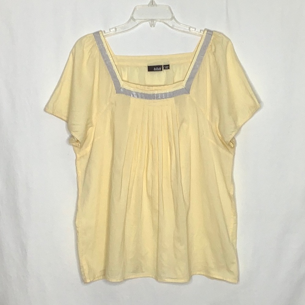 a.n.a. Butter Yellow Pleated Cotton Blouse With Square Neck Ribbon Detail XL